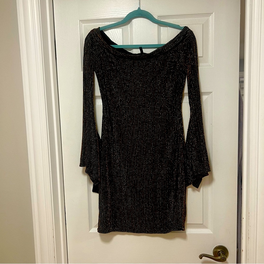 Bcbgmaxazria Ellena sparkly gold dress off shoulder S - Picture 2 of 7